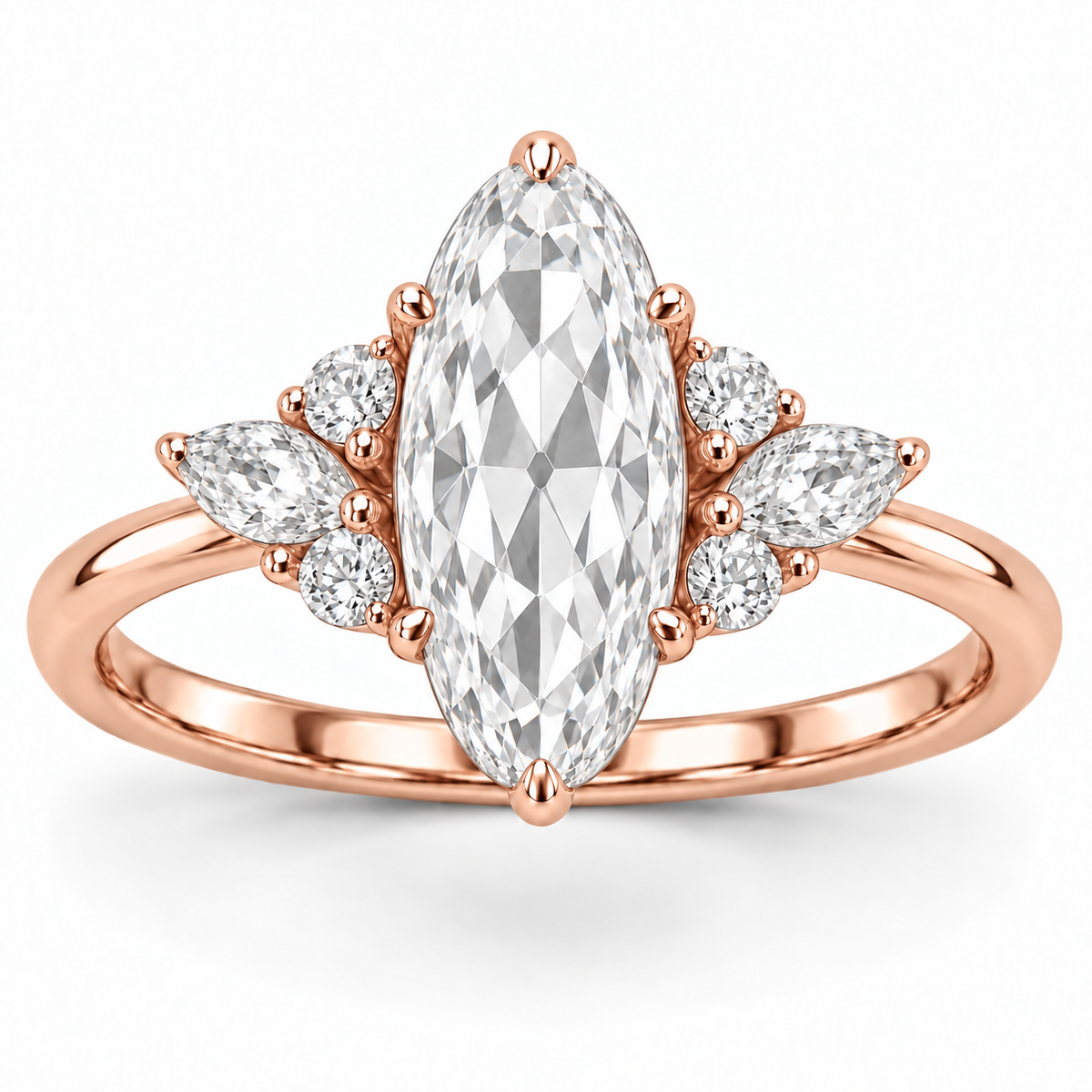 Vintage Moval Floral Side-Stone Lab-Grown Diamond Engagement Ring in 14K Rose Gold — illustrative rendering