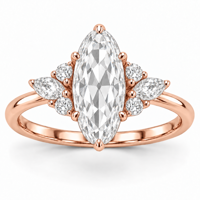 Vintage Moval Floral Side-Stone Lab-Grown Diamond Engagement Ring in 14K Rose Gold — illustrative rendering