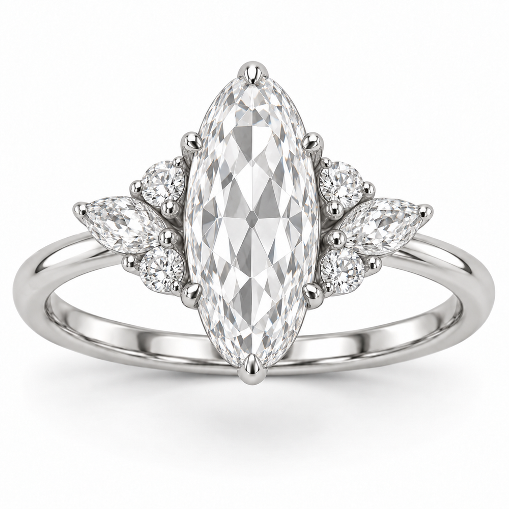 Vintage Moval Floral Side-Stone Lab-Grown Diamond Engagement Ring in 14K White Gold — illustrative rendering