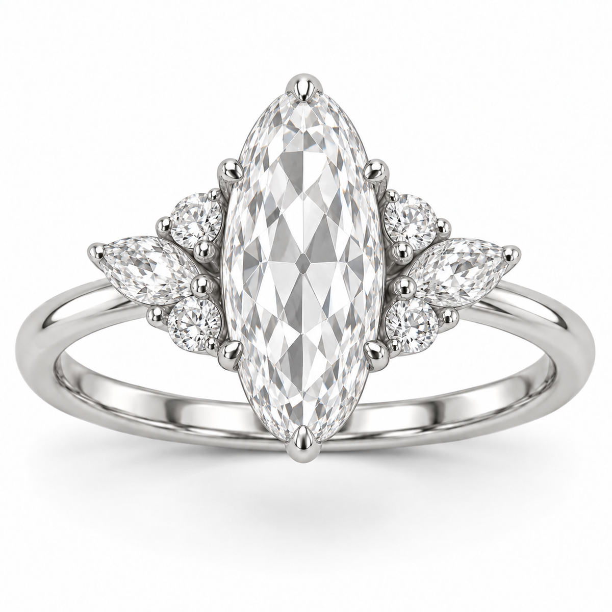 Vintage Moval Floral Side-Stone Lab-Grown Diamond Engagement Ring in 14K White Gold — illustrative rendering