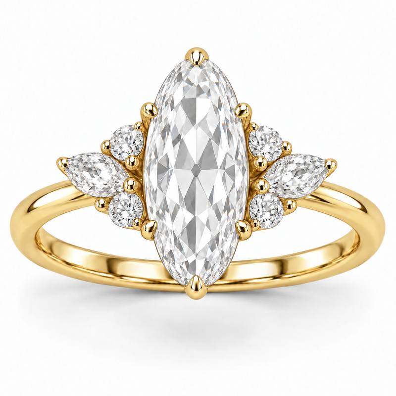 Vintage Moval Floral Side-Stone Lab-Grown Diamond Engagement Ring in 14K Yellow Gold — illustrative rendering