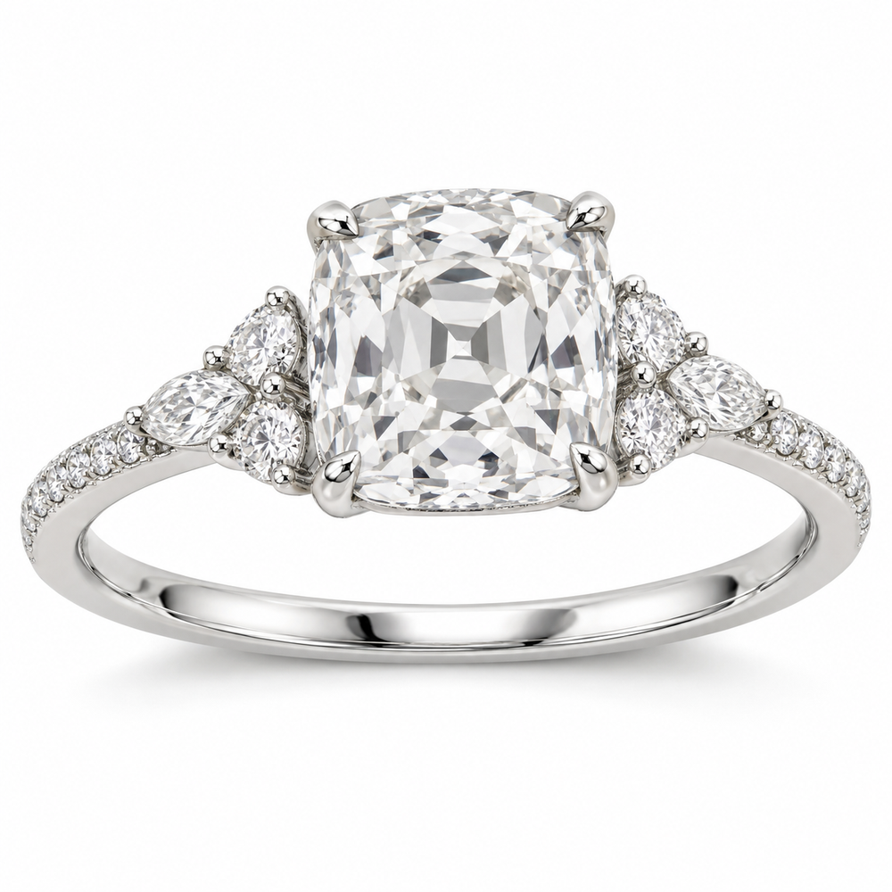 Vintage Old Mine Cushion Diamond Cluster Lab-Grown Diamond Engagement Ring in 14K White Gold — illustrative rendering