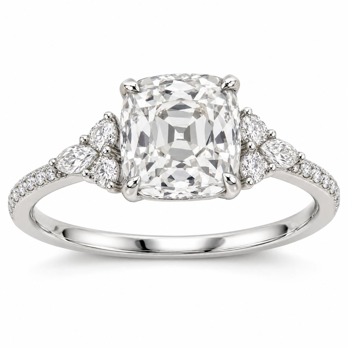 Vintage Old Mine Cushion Diamond Cluster Lab-Grown Diamond Engagement Ring in 14K White Gold — illustrative rendering