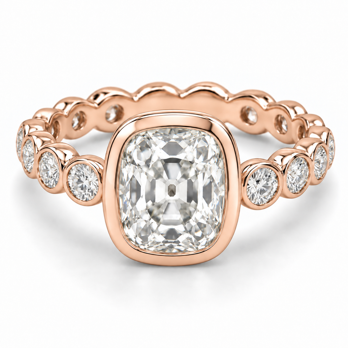 Vintage Elongated Cushion Bezel Diamond Band Lab-Grown Diamond Engagement Ring in 14K Rose Gold — illustrative rendering
