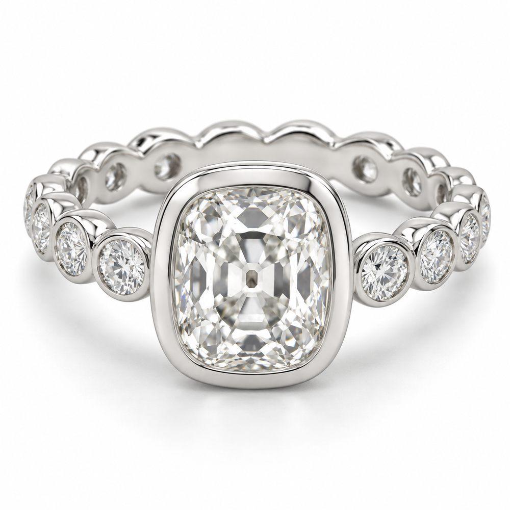 Vintage Elongated Cushion Bezel Diamond Band Lab-Grown Diamond Engagement Ring in 14K White Gold — illustrative rendering