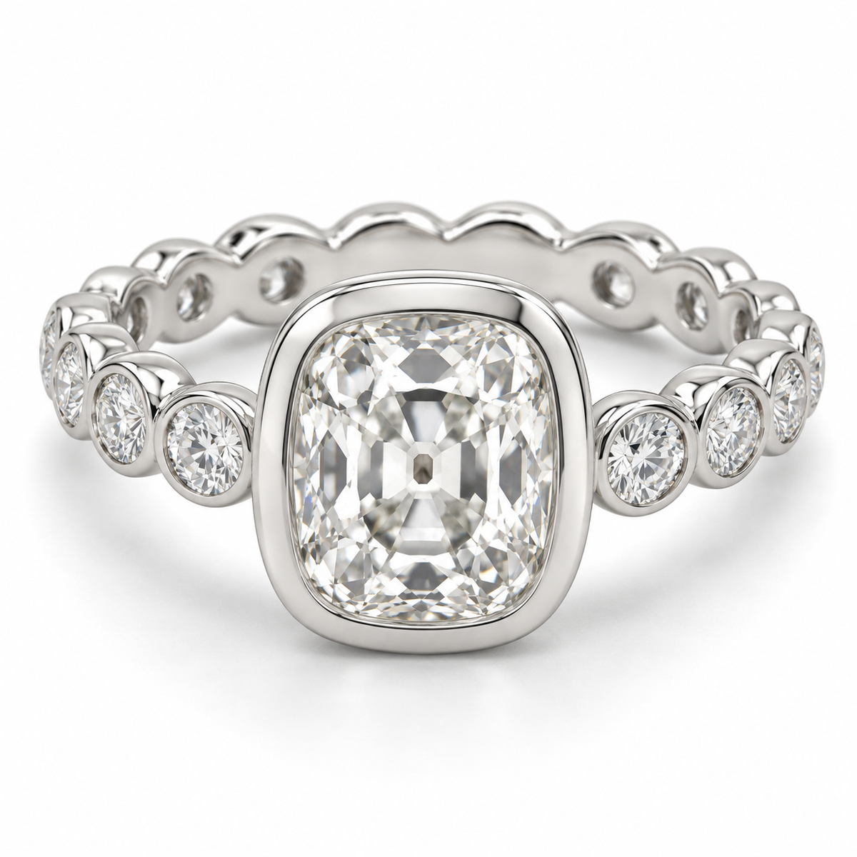 Vintage Elongated Cushion Bezel Diamond Band Lab-Grown Diamond Engagement Ring in 14K White Gold — illustrative rendering