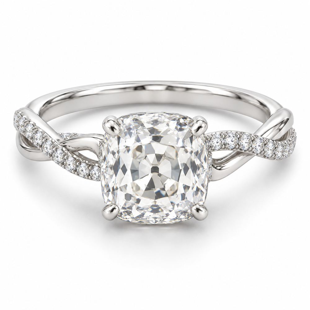 Vintage Old Mine Cushion Twist Lab-Grown Diamond Engagement Ring in 14K White Gold — illustrative rendering