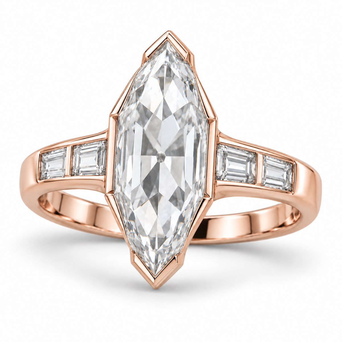 Vintage Dutch Marquise Baguette Lab-Grown Diamond Engagement Ring in 14K Rose Gold — illustrative rendering