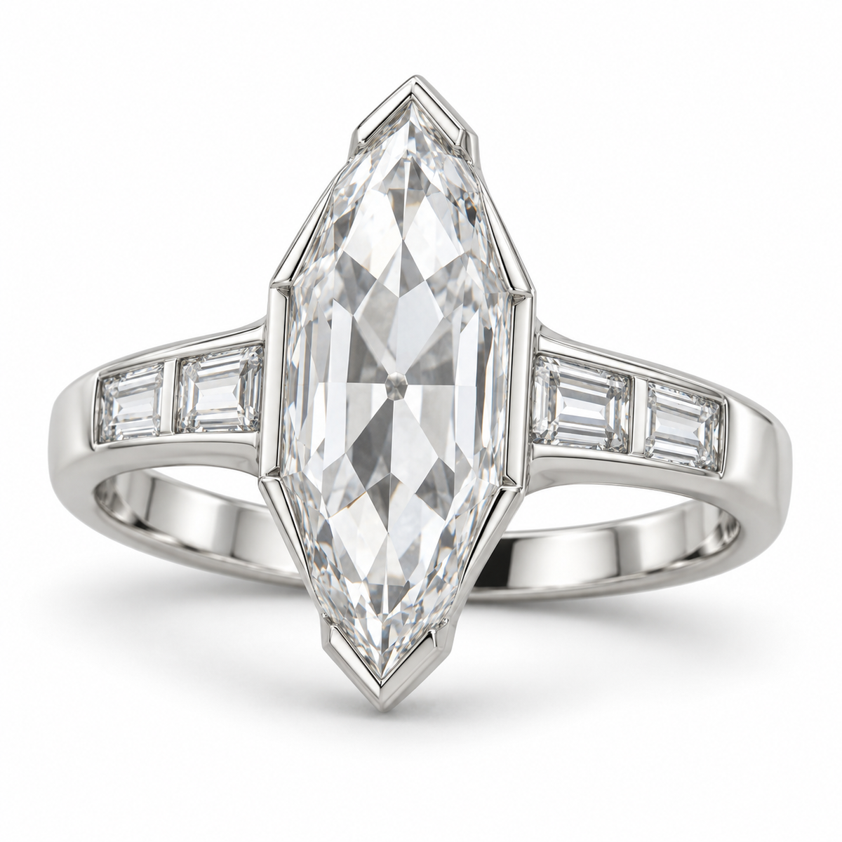 Vintage Dutch Marquise Baguette Lab-Grown Diamond Engagement Ring in 14K White Gold — illustrative rendering