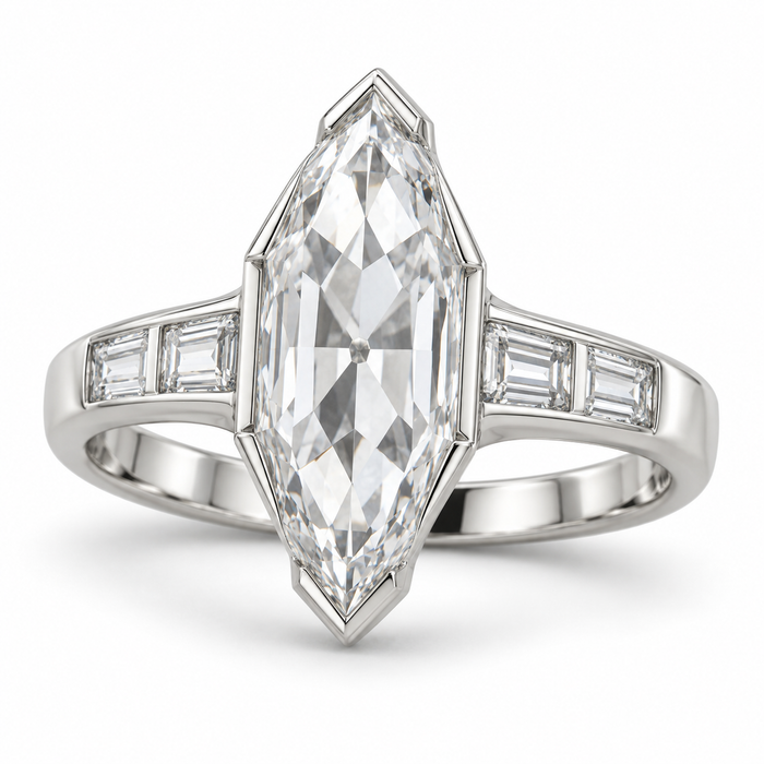 Vintage Dutch Marquise Baguette Lab-Grown Diamond Engagement Ring in 14K White Gold — illustrative rendering