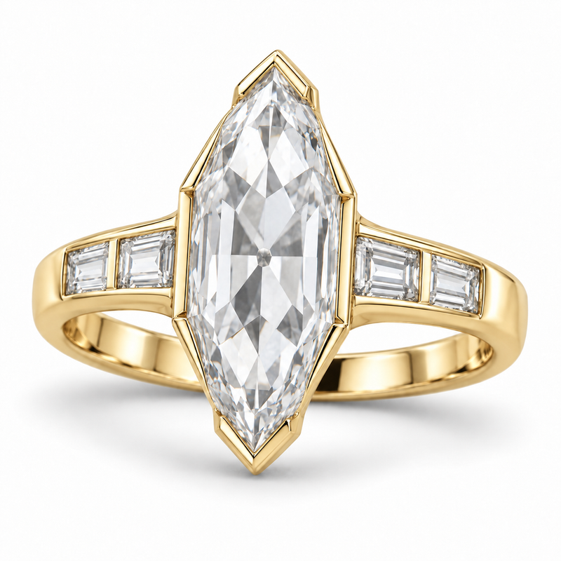 Vintage Dutch Marquise Baguette Lab-Grown Diamond Engagement Ring in 14K Yellow Gold — illustrative rendering