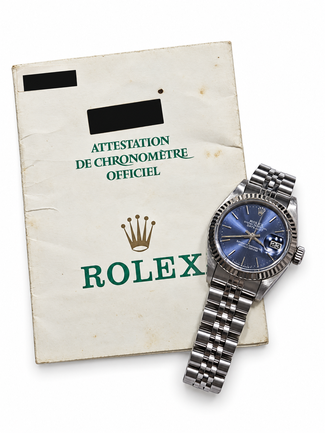 Pre-owned Rolex Lady-Datejust 69174 — view 2, identifying certificate details redacted