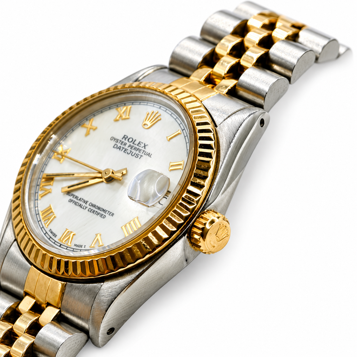 Rolex Datejust 68273 crown-side detail — white background