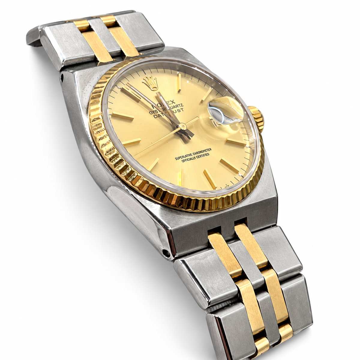 Rolex Oysterquartz Datejust 17013 angled dial view — white background