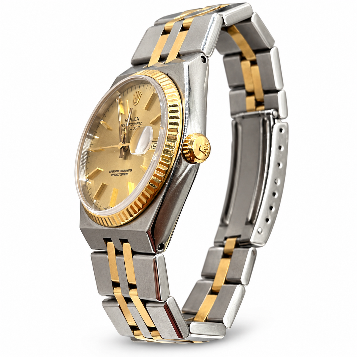 Rolex Oysterquartz Datejust 17013 crown-side view — white background
