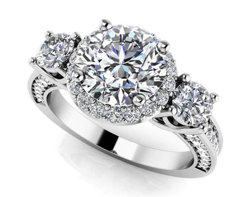 Exquisite Three Stone Lab-Grown Diamond Halo Engagement Ring