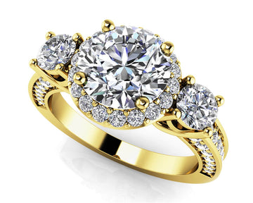 Exquisite Three Stone Lab-Grown Diamond Halo Engagement Ring