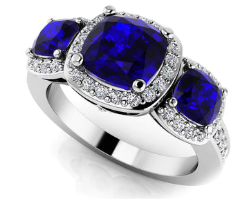 Halo Three Stone Cushion Gemstone Ring
